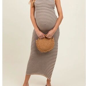 Beige Striped Knit Fitted Sleeveless Maternity Maxi Dress